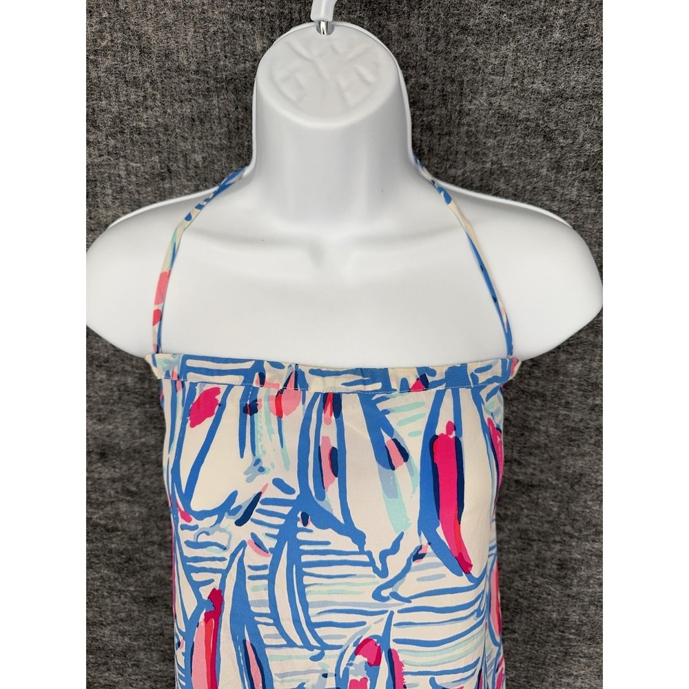 Lilly Pulitzer Top Womens S Blue Pink Halter Silk Square Neck Strappy Tropical - Picture 3 of 10